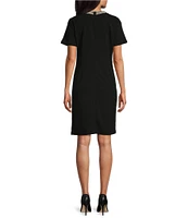 Ming Wang Deco Crepe Embellished Faux Pearls Crew Neck Short Sleeve Coordinating Dress