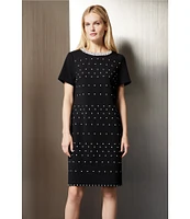 Ming Wang Deco Crepe Embellished Faux Pearls Crew Neck Short Sleeve Coordinating Dress