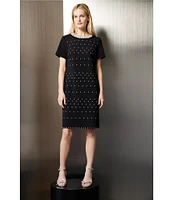 Ming Wang Deco Crepe Embellished Faux Pearls Crew Neck Short Sleeve Coordinating Dress