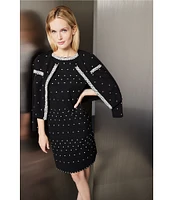 Ming Wang Deco Crepe Embellished Faux Pearls Crew Neck Short Sleeve Coordinating Dress