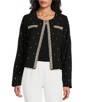 Ming Wang Deco Crepe Embellished Round Neck Long Sleeve Jacket