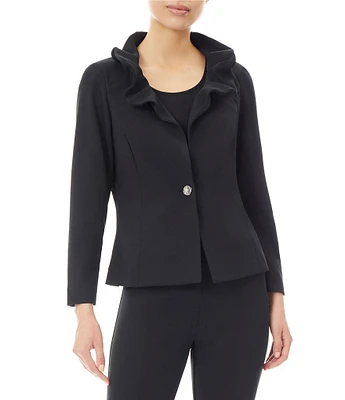 Ming Wang Deco Crepe Ruffle Collar Long Sleeve Button-Front Long Jacket