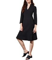 Ming Wang Deco Crepe Woven V-Neck 3/4 Sleeve Tiered Ruffled Hem A-Line Dress