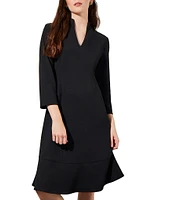 Ming Wang Deco Crepe Woven V-Neck 3/4 Sleeve Tiered Ruffled Hem A-Line Dress