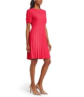 Ming Wang Diamond Pointelle Knit Round Neck Short Sleeve Fit-And-Flare Dress