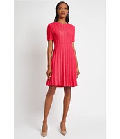 Ming Wang Diamond Pointelle Knit Round Neck Short Sleeve Fit-And-Flare Dress