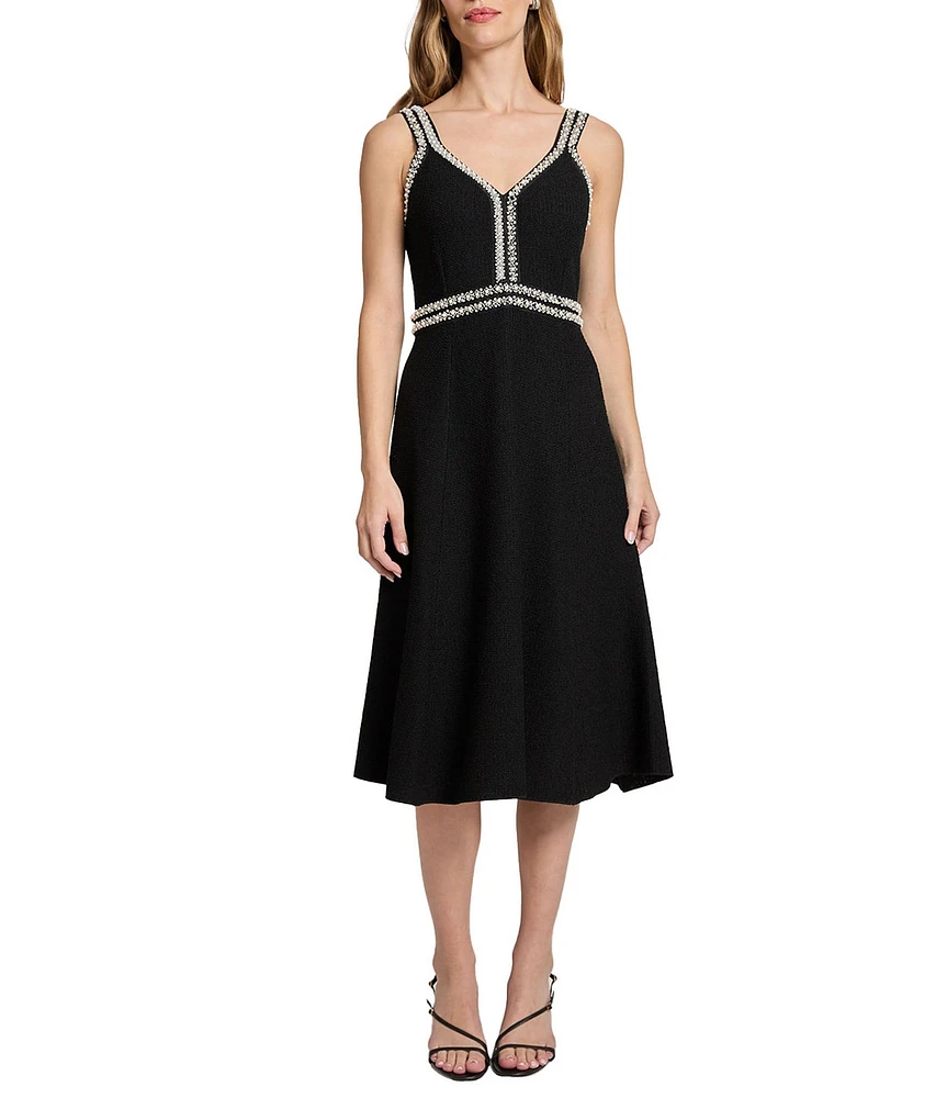 Ming Wang Embellished Deep V-Neck Sleeveless A-Line Midi Dress