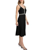 Ming Wang Embellished Deep V-Neck Sleeveless A-Line Midi Dress