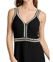 Ming Wang Embellished Deep V-Neck Sleeveless A-Line Midi Dress