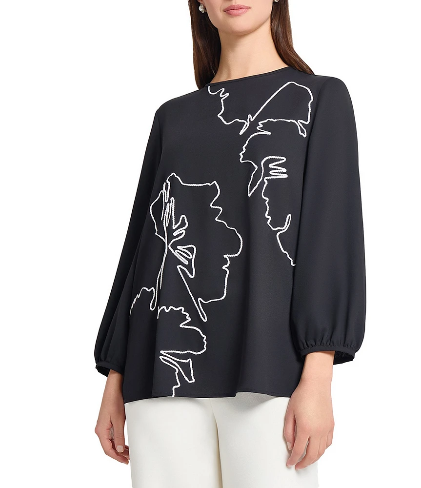 Ming Wang Embroidered Crepe De Chine Crew Neck Bracelet Sleeve Blouse