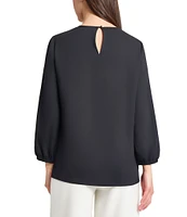 Ming Wang Embroidered Crepe De Chine Crew Neck Bracelet Sleeve Blouse
