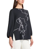 Ming Wang Embroidered Crepe De Chine Crew Neck Bracelet Sleeve Blouse