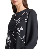 Ming Wang Embroidered Crepe De Chine Crew Neck Bracelet Sleeve Blouse