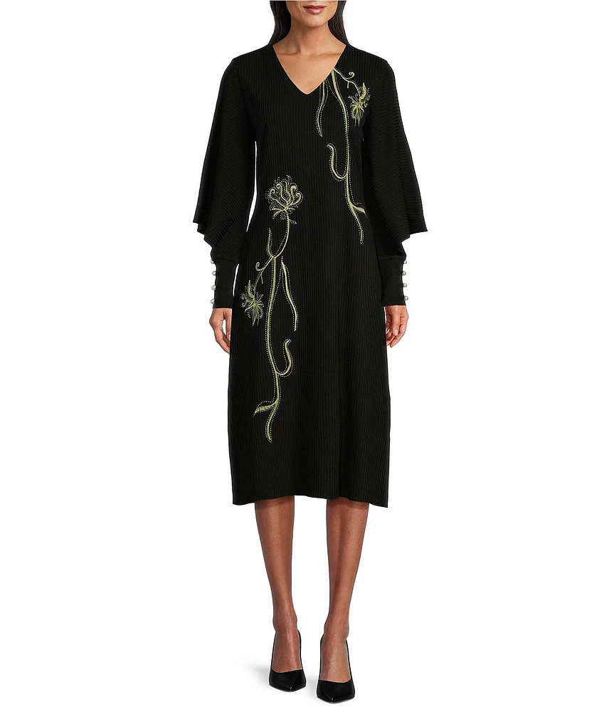 Ming Wang Embroidered Textured Ribbed Knit V-Neck Long Sleeve Midi Dress