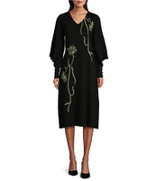 Ming Wang Embroidered Textured Ribbed Knit V-Neck Long Sleeve Midi Dress