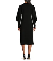 Ming Wang Embroidered Textured Ribbed Knit V-Neck Long Sleeve Midi Dress