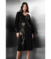 Ming Wang Embroidered Textured Ribbed Knit V-Neck Long Sleeve Midi Dress