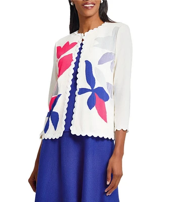 Ming Wang Floral Applique Soft Knit Scallop Round Neck 3/4 Sleeve Cardigan
