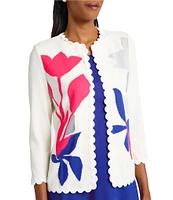Ming Wang Floral Applique Soft Knit Scallop Round Neck 3/4 Sleeve Cardigan