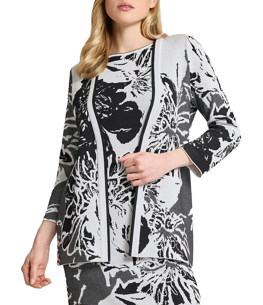 Ming Wang Floral Jacquard Knit Open Front Bracelet Sleeve Cardigan