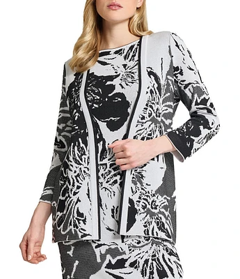 Ming Wang Floral Jacquard Knit Open Front Bracelet Sleeve Cardigan