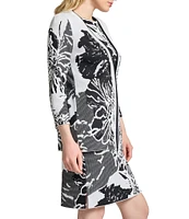 Ming Wang Floral Jacquard Knit Open Front Bracelet Sleeve Cardigan