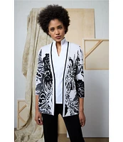 Ming Wang Floral Jacquard Knit Open Front Bracelet Sleeve Cardigan