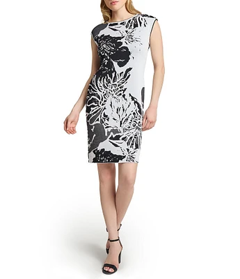 Ming Wang Floral Jacquard Knit Round Neck Sleeveless Dress