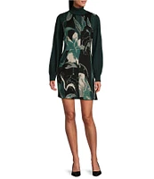 Ming Wang Floral Jacquard Knit Turtleneck Long Balloon Sleeve Dress