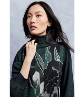 Ming Wang Floral Jacquard Knit Turtleneck Long Balloon Sleeve Dress