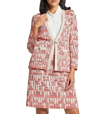 Ming Wang Geometric Knit Button Front Long Sleeve Jacket