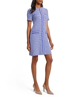 Ming Wang Honeycomb Tweed Knit Crew Neck Short Sleeve Sheath Dress