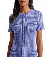 Ming Wang Honeycomb Tweed Knit Crew Neck Short Sleeve Sheath Dress