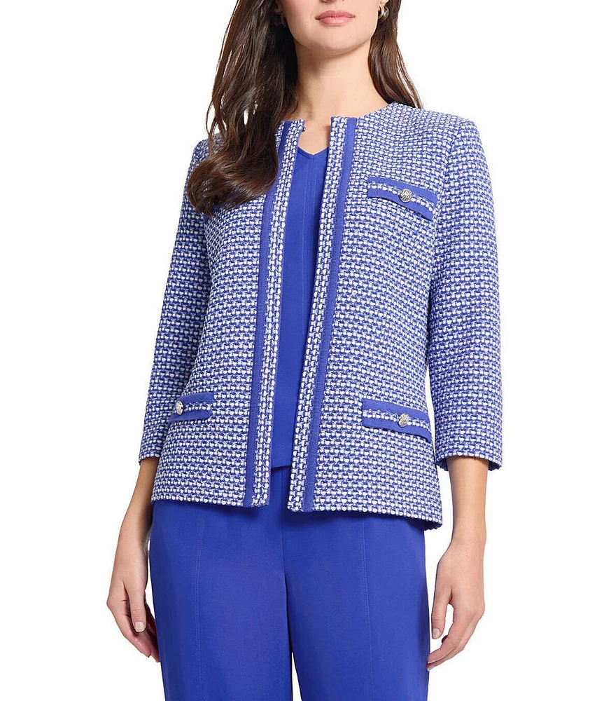 Ming Wang Honeycomb Tweed Knit Round Neck 3/4 Sleeve Jacket