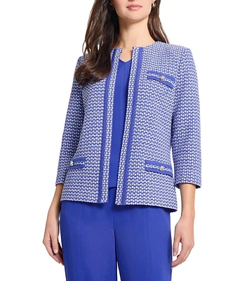 Ming Wang Honeycomb Tweed Knit Round Neck 3/4 Sleeve Jacket