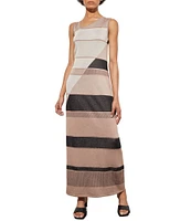 Ming Wang Intarsia Knit Striped Asymmetric Neckline Sleeveless Maxi Sheath Dress