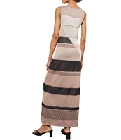 Ming Wang Intarsia Knit Striped Asymmetric Neckline Sleeveless Maxi Sheath Dress