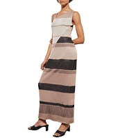 Ming Wang Intarsia Knit Striped Asymmetric Neckline Sleeveless Maxi Sheath Dress