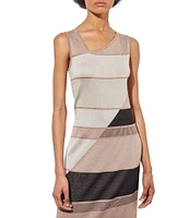 Ming Wang Intarsia Knit Striped Asymmetric Neckline Sleeveless Maxi Sheath Dress