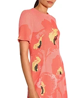 Ming Wang Jacquard Embroidered Floral Crew Neck Short Sleeve Dress