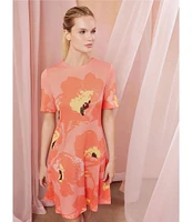 Ming Wang Jacquard Embroidered Floral Crew Neck Short Sleeve Dress