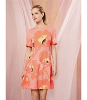 Ming Wang Jacquard Embroidered Floral Crew Neck Short Sleeve Dress