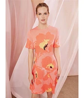 Ming Wang Jacquard Embroidered Floral Crew Neck Short Sleeve Dress