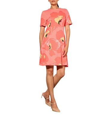 Ming Wang Jacquard Embroidered Floral Crew Neck Short Sleeve Dress
