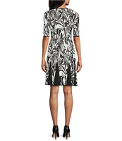 Ming Wang Jacquard Knit Abstract Zebra Print V-Neck Short Sleeve Fit-And-Flare Dress