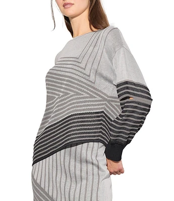 Ming Wang Jacquard Knit Asymmetrical Stripe Long Sleeve Cut-Out Detail Diagonal Hem Coordinating Top