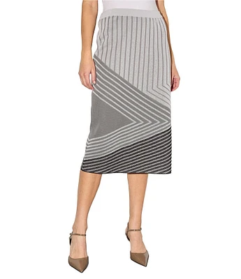 Ming Wang Jacquard Knit Asymmetrical Stripe No-Roll Elastic Waist Pull-On Coordinating Midi Pencil Skirt