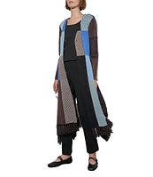 Ming Wang Jacquard Knit V-Neck Long Sleeve Fringe Trim Button Front Midi Duster Jacket