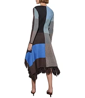 Ming Wang Jacquard Knit V-Neck Long Sleeve Fringe Trim Button Front Midi Duster Jacket