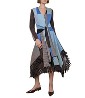 Ming Wang Jacquard Knit V-Neck Long Sleeve Fringe Trim Button Front Midi Duster Jacket